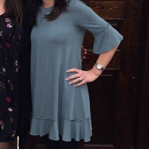 LC Lauren Conrad A-line Dress Women’s S Teal Green/blue- Ruffle Sleeve Stretch